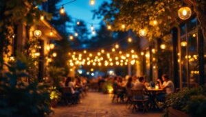 A photograph of a beautifully illuminated outdoor space featuring cafe lights in action