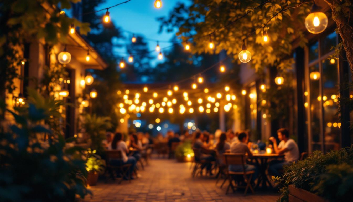 A photograph of a beautifully illuminated outdoor space featuring cafe lights in action