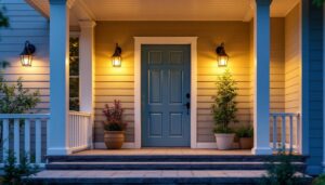 A photograph of a well-lit porch showcasing various styles of outdoor lighting fixtures