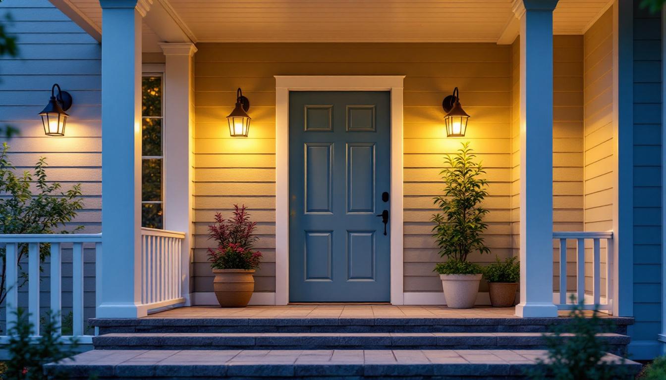 A photograph of a well-lit porch showcasing various styles of outdoor lighting fixtures