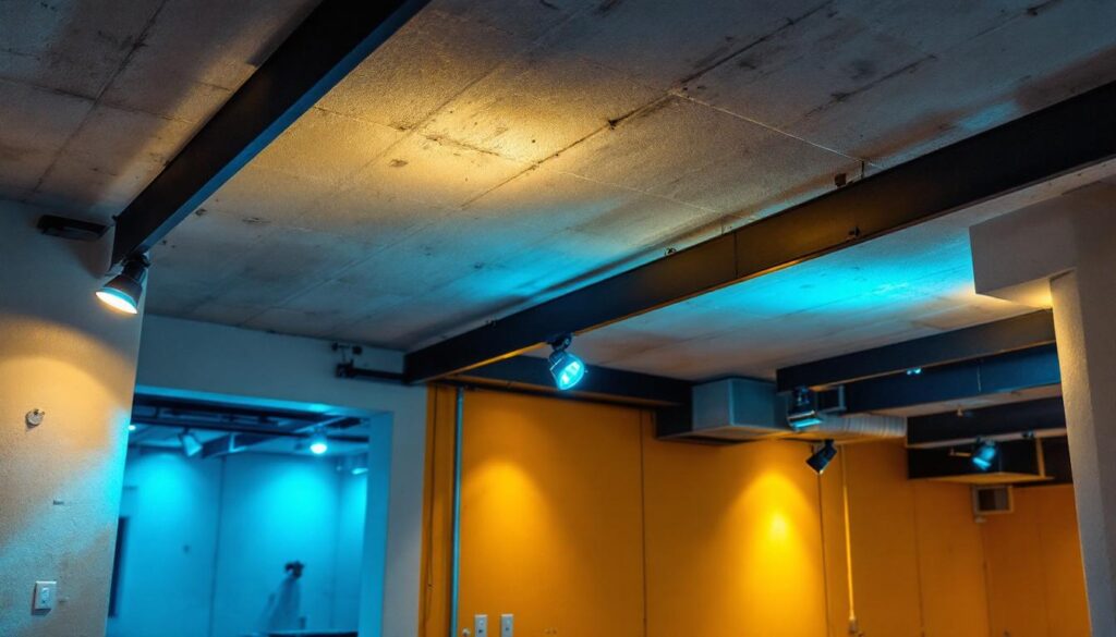 A photograph of a well-lit open basement ceiling showcasing various lighting fixtures and techniques