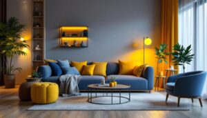 A photograph of a stylishly arranged living space that showcases a variety of innovative lighting furniture pieces