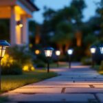 A photograph of a beautifully illuminated outdoor space featuring a variety of stylish solar lights in use