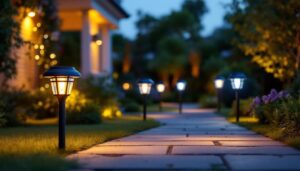 A photograph of a beautifully illuminated outdoor space featuring a variety of stylish solar lights in use