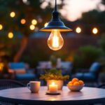 A photograph of a beautifully designed outdoor hanging pendant light illuminating a cozy patio setting during twilight