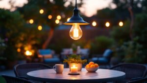 A photograph of a beautifully designed outdoor hanging pendant light illuminating a cozy patio setting during twilight