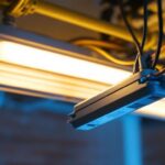 A photograph of a close-up of a fluorescent light fixture with its ballast clearly visible
