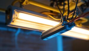A photograph of a close-up of a fluorescent light fixture with its ballast clearly visible
