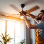 A photograph of a skilled lighting contractor expertly installing a stylish ceiling fan with integrated light fixtures in a modern home setting