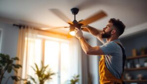 A photograph of a skilled lighting contractor expertly installing a stylish ceiling fan with integrated light fixtures in a modern home setting