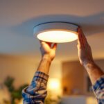 A photograph of a skilled lighting contractor installing a sleek led pot light trim in a modern home setting