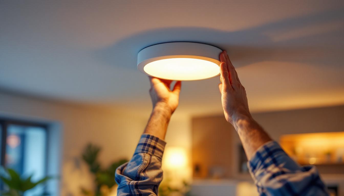 A photograph of a skilled lighting contractor installing a sleek led pot light trim in a modern home setting
