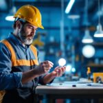 A photograph of a lighting contractor examining an f30t8 bulb in a well-lit workspace