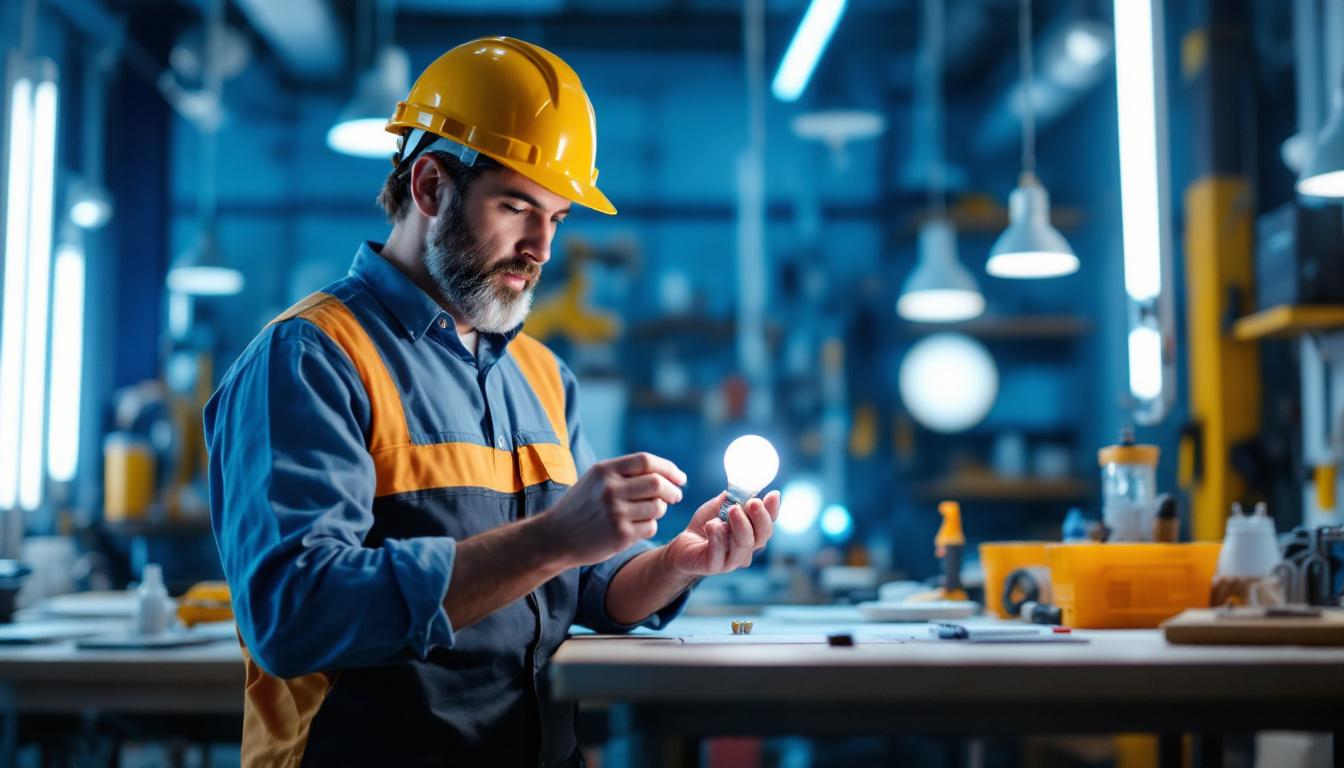 A photograph of a lighting contractor examining an f30t8 bulb in a well-lit workspace