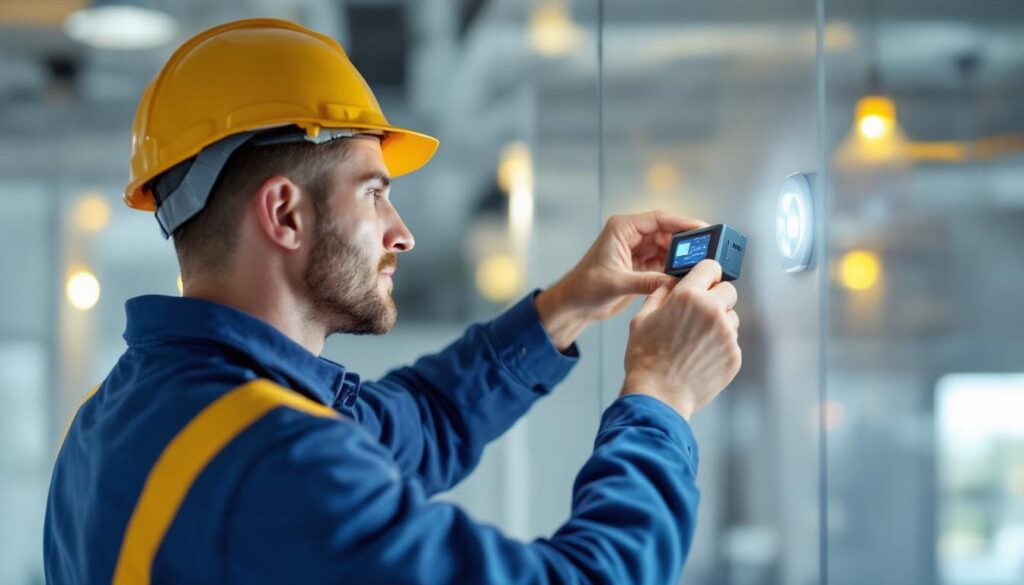 A photograph of a skilled lighting contractor expertly installing or adjusting an led electronic driver in a modern commercial or residential setting