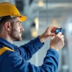 A photograph of a skilled lighting contractor expertly installing or adjusting an led electronic driver in a modern commercial or residential setting