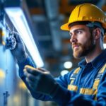 A photograph of a lighting contractor examining a led t8 bulb installation