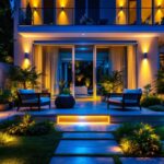 A photograph of a beautifully illuminated outdoor space featuring various led light installations