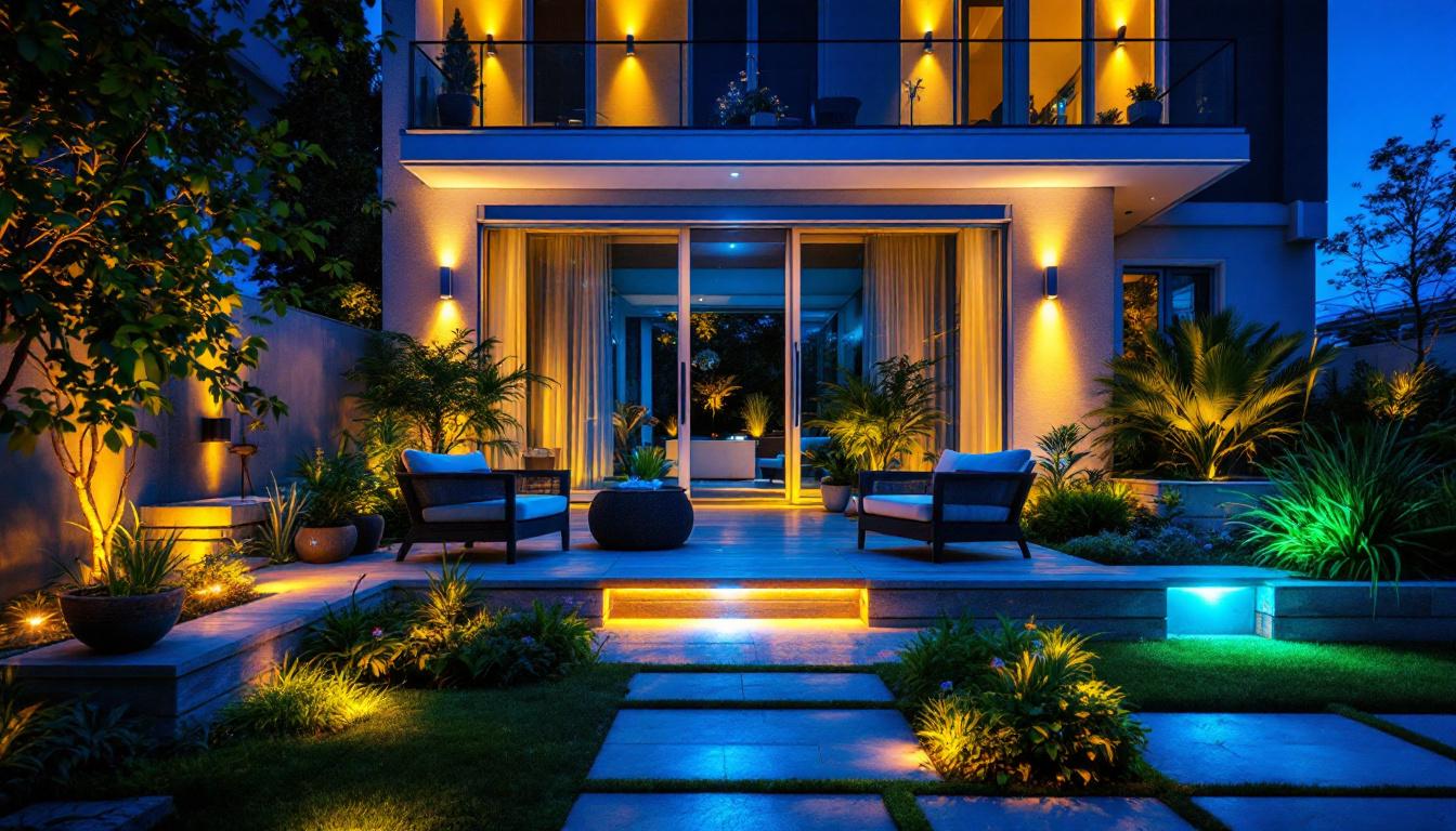 A photograph of a beautifully illuminated outdoor space featuring various led light installations