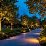A photograph of a beautifully illuminated outdoor landscape featuring strategically placed uplights highlighting trees