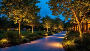 A photograph of a beautifully illuminated outdoor landscape featuring strategically placed uplights highlighting trees