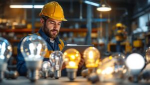 A photograph of a lighting contractor examining a variety of large led light bulbs in a well-lit workshop