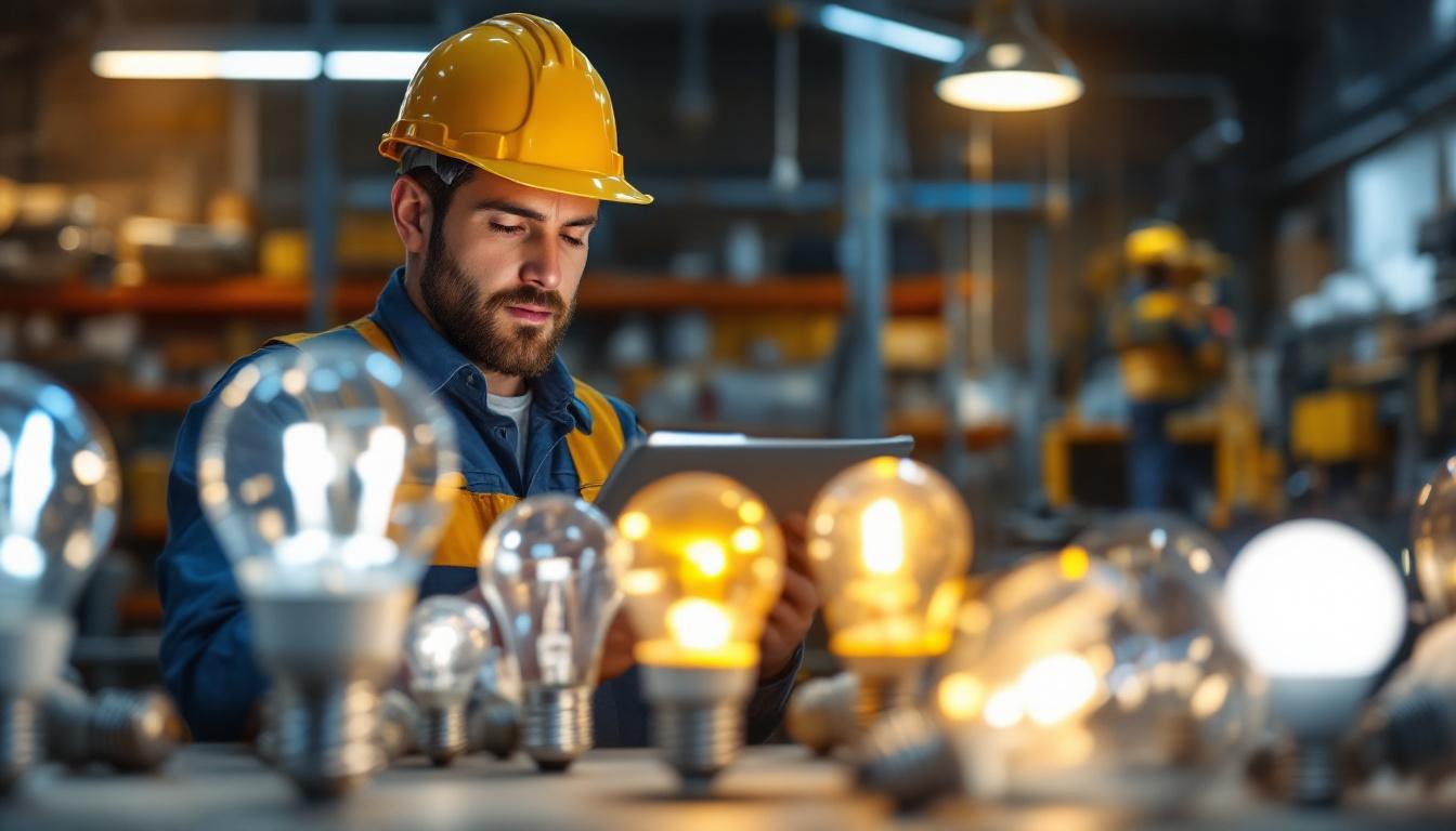 A photograph of a lighting contractor examining a variety of large led light bulbs in a well-lit workshop