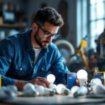 A photograph of a lighting contractor examining a variety of affordable led bulbs in a well-lit workspace