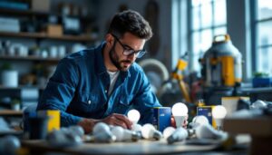 A photograph of a lighting contractor examining a variety of affordable led bulbs in a well-lit workspace