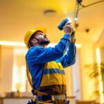 A photograph of a lighting contractor expertly installing super bright led lights in a modern residential or commercial space