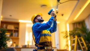 A photograph of a lighting contractor expertly installing super bright led lights in a modern residential or commercial space