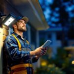 A photograph of a lighting contractor installing a security motion sensor light in a residential setting