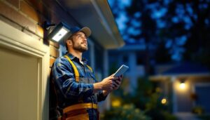 A photograph of a lighting contractor installing a security motion sensor light in a residential setting