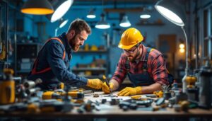 A photograph of a lighting contractor at work