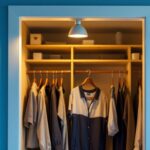 A photograph of a stylish wall-mounted closet light illuminating a well-organized closet space