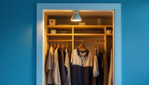 A photograph of a stylish wall-mounted closet light illuminating a well-organized closet space