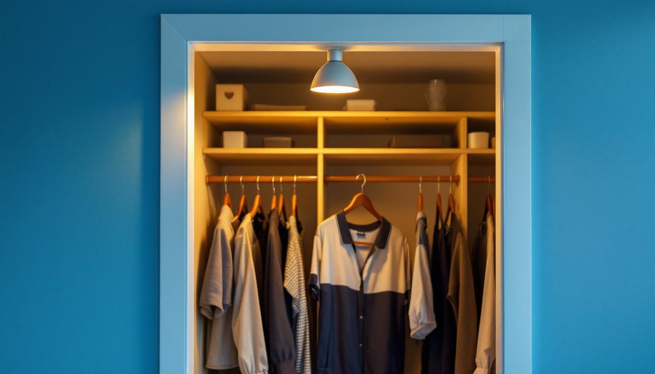 A photograph of a stylish wall-mounted closet light illuminating a well-organized closet space