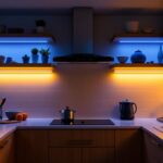 A photograph of a well-lit kitchen or cabinet space featuring sleek led strip lights installed under shelves and along cabinet edges