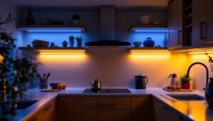 A photograph of a well-lit kitchen or cabinet space featuring sleek led strip lights installed under shelves and along cabinet edges