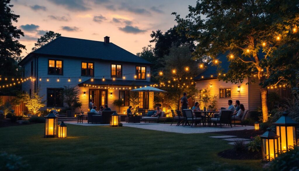 A photograph of a beautifully illuminated backyard scene at dusk