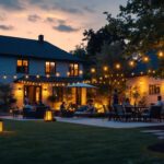A photograph of a beautifully illuminated backyard scene at dusk