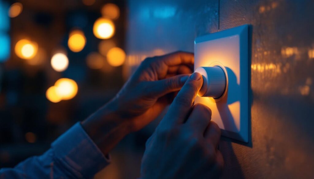 A photograph of a close-up shot of a 20 amp dimmer switch being installed by a lighting contractor