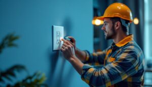 A photograph of a lighting contractor installing a power outlet switch in a modern home setting