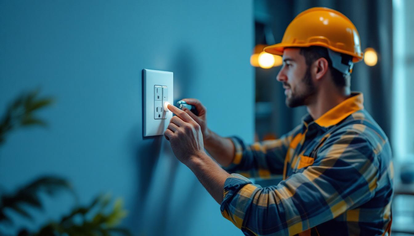 A photograph of a lighting contractor installing a power outlet switch in a modern home setting