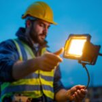 A photograph of a lighting contractor using a bright