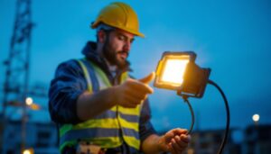 A photograph of a lighting contractor using a bright