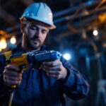 A photograph of a skilled lighting contractor using an electric cable puller on a job site