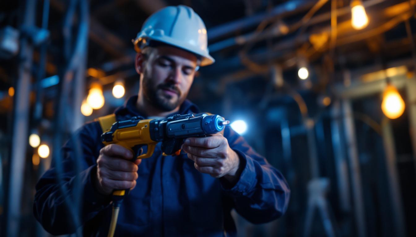 A photograph of a skilled lighting contractor using an electric cable puller on a job site