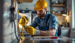 A photograph of a lighting contractor expertly installing or inspecting a variety of dryer plugs in a well-lit