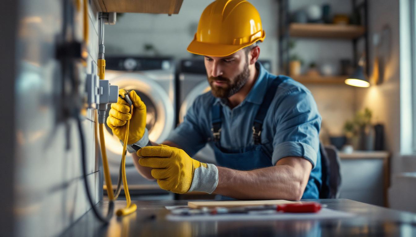 A photograph of a lighting contractor expertly installing or inspecting a variety of dryer plugs in a well-lit
